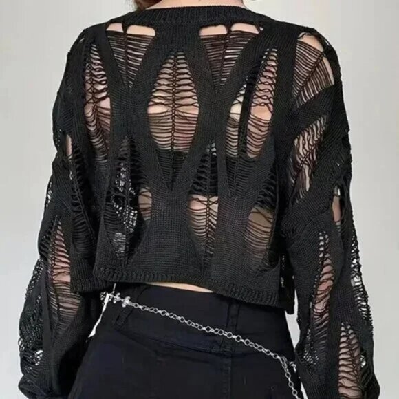 Grunge Cutout Cropped Long Sleeve Top - Picture 2 of 3